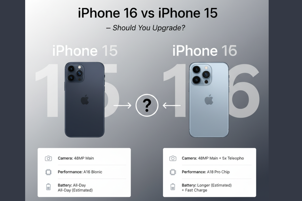 Apple iPhone 16 vs iPhone 15 comparison infographic
